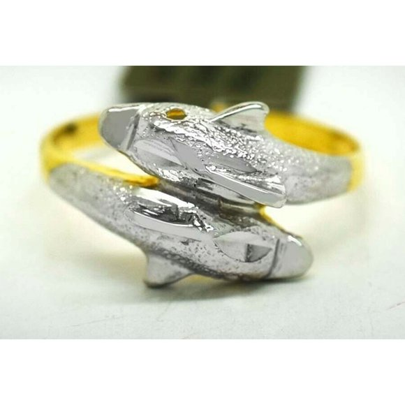 Dolphins Ladies Ring 14k Solid Two Tones Gold